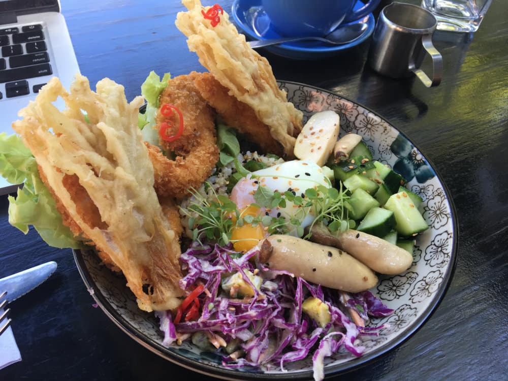 tempura enoki, oat crusted chicken, egg, rice, slaw, salad, breakfast thieves lunch fitzroy