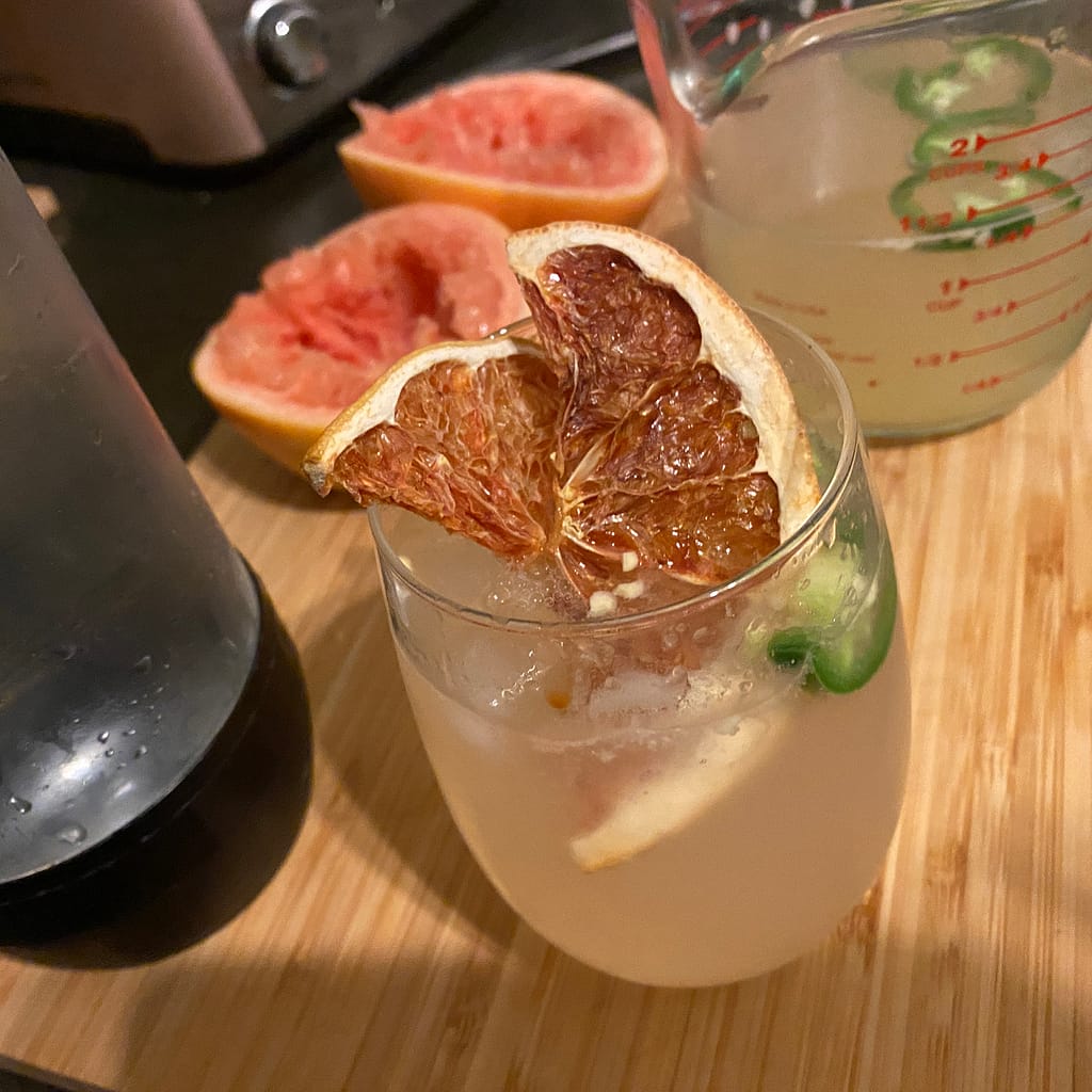 finished jalapeno margarita - with botanical dehydrated orange slices - yum!