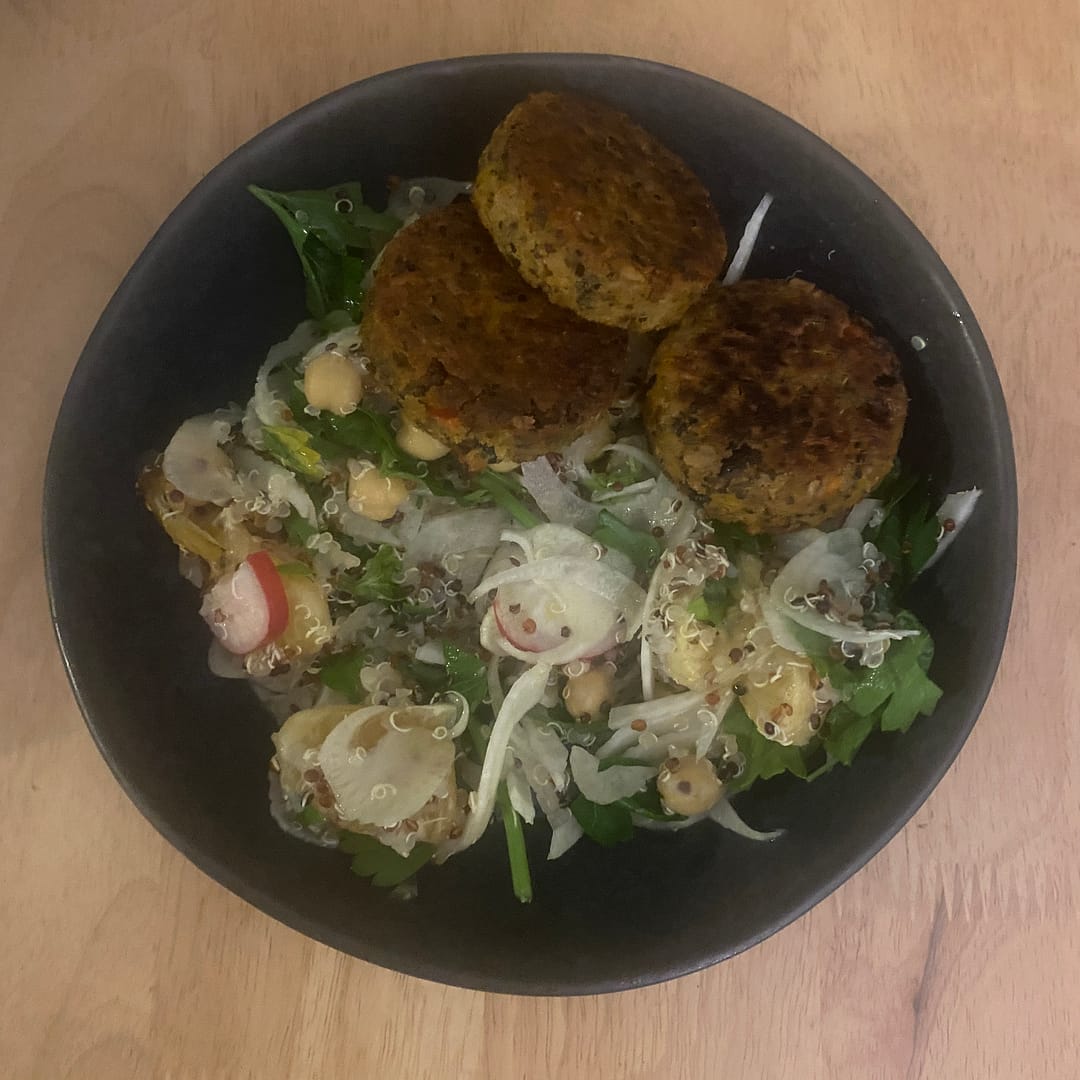 chickpea and lentil bites with fennel, orange, quinoa and chickpea salad