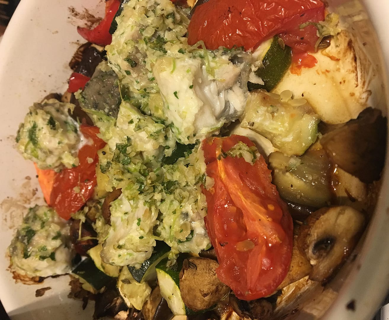 roasted vegetables and pesto crusted white fish fillet