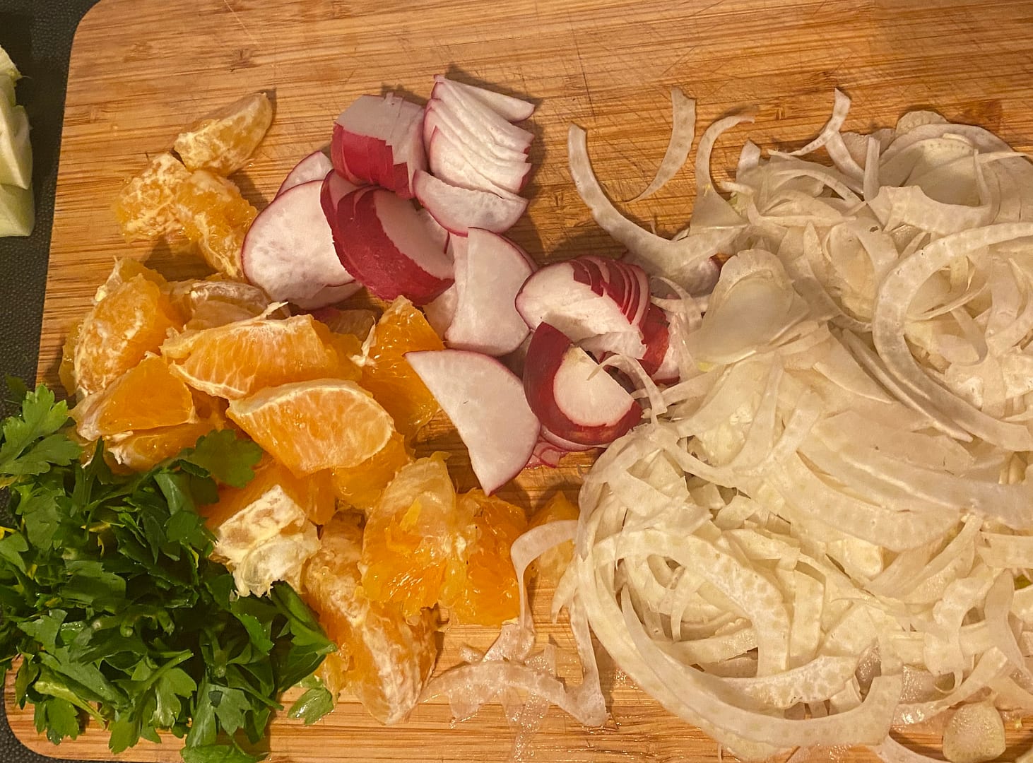 orange and fennel salad with chickpeas, parsley and orange, red wine vinegar dressing