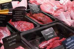 Kangaroo_Meat selection of kangaroo meat cuts at a butcher
