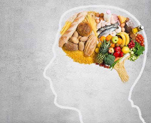 a picture showing an outline of a head with food types inside. Showing food for brain health and many brain boosting foods