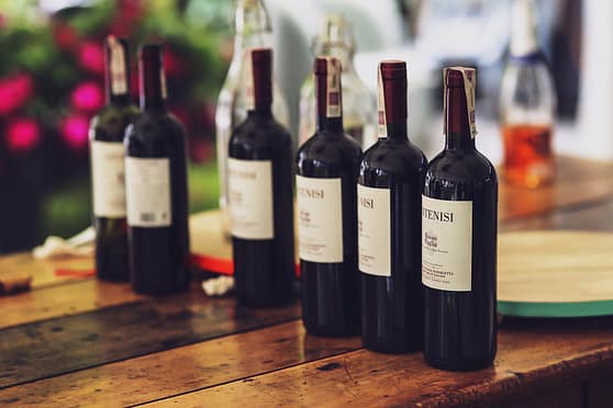 benefits of red wine - line of red wine bottles